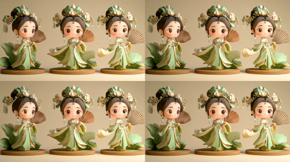 盲盒ip，三视图，全身，正面，侧面，背面，卡通ippop mart，pixar，ip盲盒，粘土材料，柔和颜色，工作室灯光，octane render，3d，c4d，超高清8k，16:9纵横比。唐朝女孩，荷叶帽，双辫子，竹扇，微笑，跳舞，圆脸，可爱，中式风格，绿色服装，皮克斯动画，c4d，oc渲染器，半身像镜头，黏土雕塑材质，电影照明，高质量，多细节，高清，快乐，动感，鲜艳色彩，柔和光线，立体感，细腻纹理，生动表情，活泼姿态，传统元素，现代风格，艺术感，文化融合，c4d，8k高清，卡通风格，明亮色彩，柔和光线，广角镜头，对称构图，温馨氛围，欢乐情绪。 全身 中式服装 汉服 皮克斯 迪士尼