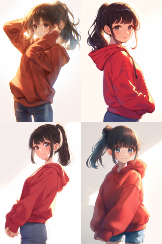 anime illustration girl, ponytail, black hair, big eyes, black eye, smiling, wearing red hoodie, blue jean, healing style, in the sunlight, hand-drawn style, white background, highlights, soft light, cute expression, standing posture, warm tones, fresh style.