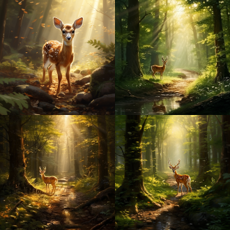 帮我生成图片:场景:森林小径主体:一只小鹿 环境:阳光透过树叶洒在地面上 细节:小鹿的毛发在阳光下闪着光泽，树叶上挂着露珠 风格:写实风格 构图:小鹿位于画面的前景，小径延伸向远方 画质:高分辨率，清晰细腻
