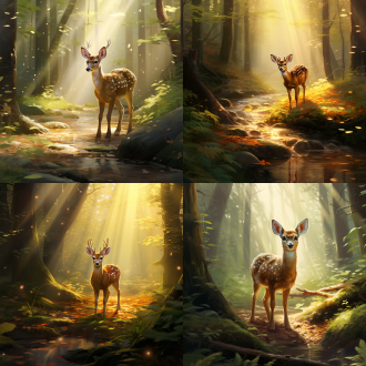 帮我生成图片:场景:森林小径主体:一只小鹿 环境:阳光透过树叶洒在地面上 细节:小鹿的毛发在阳光下闪着光泽，树叶上挂着露珠 风格:写实风格 构图:小鹿位于画面的前景，小径延伸向远方 画质:高分辨率，清晰细腻
