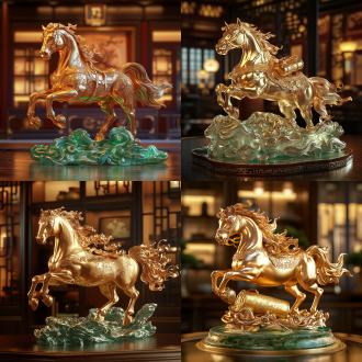 一匹雄伟的金色骏马呈奔腾姿态，马背上驮着一枚闪耀的金元宝，高度细致的3d写实渲染，传统中式设计，光面24k金元宝饰有北斗七星和蝙蝠图案，哑光青铜马身配火焰状鬃毛，翡翠绿色琉璃祥云底座，电影级光影效果，优雅的中式书房背景，金色光晕，超高清，奢华艺术品，汉代风格，财富与吉祥象征。