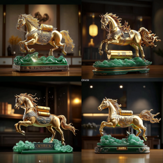 一匹雄伟的金色骏马呈奔腾姿态，马背上驮着一枚闪耀的金元宝，高度细致的3d写实渲染，传统中式设计，光面24k金元宝饰有北斗七星和蝙蝠图案，哑光青铜马身配火焰状鬃毛，翡翠绿色琉璃祥云底座，电影级光影效果，优雅的中式书房背景，金色光晕，超高清，奢华艺术品，汉代风格，财富与吉祥象征。