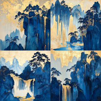 帮我生成图片：一幅蓝色加鎏金线条的山水画，华丽精美