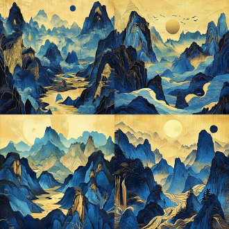 鎏金山水画，对称构图，古典风格，山间云雾缭绕，暖金色调，全景镜头，顶光，细腻笔触，宁静祥和。