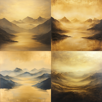 鎏金山水画，对称构图，古典风格，山间云雾缭绕，暖金色调，全景镜头，顶光，细腻笔触，宁静祥和。