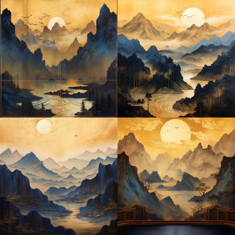 鎏金山水画，对称构图，古典风格，山间云雾缭绕，暖金色调，全景镜头，顶光，细腻笔触，宁静祥和。