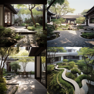 20米见方苏式庭院设计两例： 方案一：曲径通幽，移步换景 布局： 采用传统苏式园林“前宅后院”格局，以曲折游廊串联各个空间，营造“曲径通幽”的意境。 元素： 入口： 月洞门或垂花门，两侧点缀太湖石或翠竹，营造古朴典雅的氛围。 水景： 中心设置一汪池塘，池中种植荷花、睡莲，池边点缀太湖石，营造“小桥流水”的意境。 假山： 池塘一侧堆砌假山，山上建亭，山下设洞，增加空间层次感。 建筑： 游廊、亭台、水榭等建筑错落有致，采用白墙黛瓦、飞檐翘角的苏式建筑风格。 植物： 以梅兰竹菊“四君子”为主，搭配桂花、海棠、石榴等传统庭院植物，营造四季有景的意境。 特点： 空间层次丰富，步移景异，充满诗情画意。