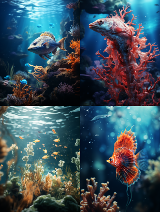 海洋生物被残害，海报风格，深海背景，冷色调，长焦镜头，逆光，模糊前景，悲伤表情，警示标语，呼吁共生。
