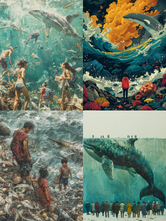 一张海报，有关人们为了钱，生计，肆意残害海洋生物，突出海洋生物，并告诫人们要与海洋共生的理念