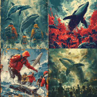 一张海报，有关人们为了钱和生计，捕抓肆意残害海洋生物，突出海洋生物，并告诫人们要与海洋共生的理念