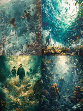 一张海报，有关人们为了钱和生计，捕抓肆意残害海洋生物，突出海洋生物，并告诫人们要与海洋共生的理念