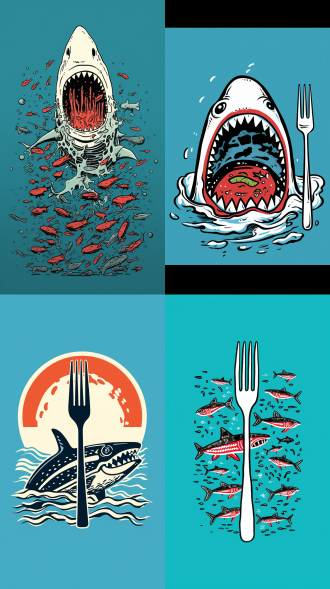 一条鲨鱼张着大嘴，然后有个叉子从他的头上插下来，后面有很海洋生物跟着，背景色与海洋相关，以基思·哈里根的风格（极简主义插图）混合图案平面海报，简约 8k