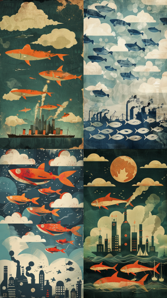 平面海报，以海洋为主题，底部的鱼象征着鱼雷，它们的头朝上，朝向上方的船只和城市。底部的鱼从少到多描绘，云和烟雾象征着鱼的风格