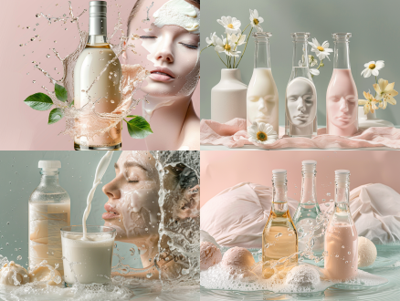 水乳设计，高清超现实，位于中间，精致小巧，三个水乳加上面膜，背景女生人脸透明，脸上描述春夏秋冬四个节气，高端风格，对称构图，高分辨率，室内光，微距镜头，柔和光线，细腻质感，优雅，清新。