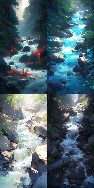 湍急的江水，紧迫氛围，低饱和度，细节刻画，水花四溅