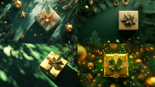 金色礼盒精致化 绿色背景 背景添加圣诞元素 渲染光影 顶视图 礼盒在正中间