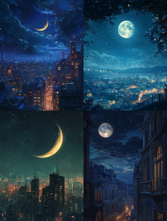 夜晚，天空悬挂这圆月，城市，寂静，背景图，高清，高质量 动画艺术