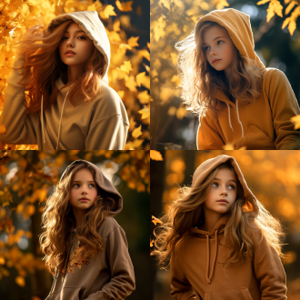 秋天落叶暖阳里，小巧可爱的女生，穿着连帽衫，灯光戏剧化，8k，肖像，9:16，高细节，暖色调，广角镜头，侧光，动态姿势，生动表情，温馨氛围，整个人像占图片的三分之一，流出空白可以用来写文字