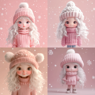 3d渲染，c4d，卡通风格版本，羊毛毡娃娃设计，一个可爱的小女孩穿着一件粉色毛衣，戴着一顶毛绒绒的帽子，长长的卷曲的白色头发，可爱，雪花，淡粉色背景，柔和的灯光，blender建模，oshare kei的风格，泡泡玛特，全身肖像，极简设计