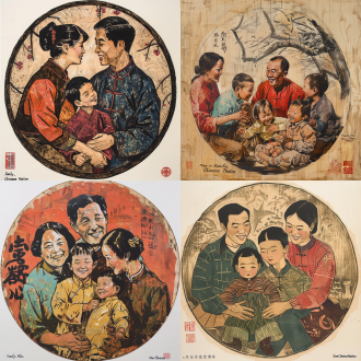 中华民族一家亲版画，木刻风格，圆形构图，版画质感，家庭场景，暖色调，中焦镜头，柔和自然光，微笑，和谐，传统服饰，温馨。