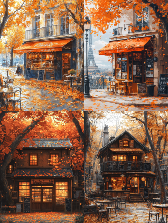 a charming parisian café with autumn leaves, in an anime-inspired illustration style, in the style of hayao miyazaki and atey ghailan. the building is adorned with golden fallen leaves that create a warm atmosphere around the coffee shop's front door, surrounded by elegant trees,it features soft pastel colors and intricate details of leaf textures , surrounded by autumn leaves and bathed in golden sunlight. in the style of japanese anime, a watercolor painting depicts the scene in front of the coffee shop
