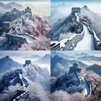 长城内外雪景，宏大视野，冰雪覆盖，中国风，冷色调，长焦镜头，顶光，静止，山脉，壮丽，肃穆。