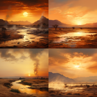 大漠孤烟长河落日，水平构图，沙漠风光，油画风格，长焦镜头，暖色调，逆光，宁静，孤烟，长河。