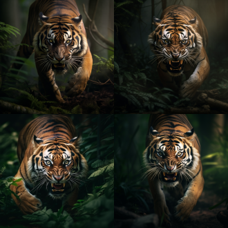 猛虎在森林中捕食，中心构图，阴暗色调，丛林环境，长焦镜头，逆光，扑击动作，猎物元素，凶猛，绿色棕色。