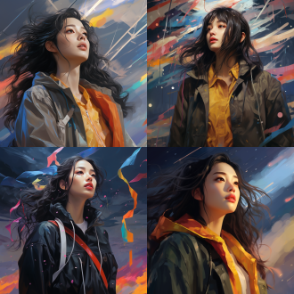 一位中国女士穿着风衣仰望天空，大雨澎湃，彩色的飘带飘满天空，真实风格