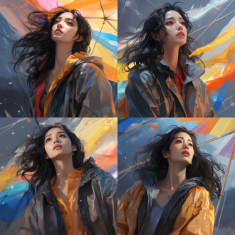 一位中国女士穿着风衣仰望天空，大雨澎湃，彩色的飘带飘满天空，真实风格