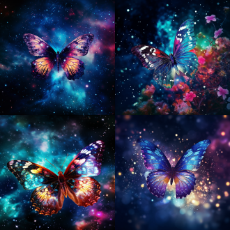 神秘梦幻的蝴蝶，飞翔在宇宙星河之间，蝴蝶之下宇宙星球，虚幻飘渺绚丽，蝴蝶翅膀流光，半透明，美丽，4k，色彩丰富，虚实结合，线条优美，高对比度，广角镜头，侧光，快速快门，飞翔，神秘，流光溢彩。