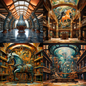 西汉陶彩绘马于图书馆卷轴上方悬浮，与抽象艺术融合，对称构图，超现实，顶光，冷色，广角，神秘，艺术感。 抽象派 图书馆背景