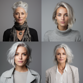 一位经验丰富的女设计师肖像，半身照，浅灰色背景，丰富面部细节