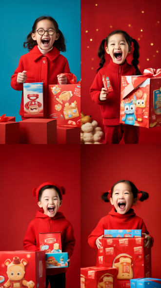近景小孩抱盒大笑，红色衣服，室内极简背景，明亮柔和光，真实细节，超高清渲染，摄影风，温馨。 摄影纪实