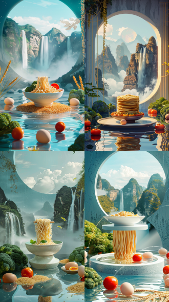 产品摄影中，画面中一个圆形展台上有一碗细面条，展台漂浮在水面上。展台周围有很多金黄色的小麦，水面上有西兰花、番茄、鸡蛋和倒影。背景是一堵淡蓝色的墙，墙上有一个圆形窗户。窗外是高耸的山峦和瀑布，自然明亮且光线充足。清新淡雅配色，明亮有活力，中心构图以史诗般的细节、高精度、超高清以及极致的细节纹理为特色。