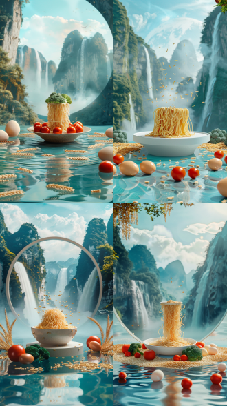 产品摄影中，画面中一个圆形展台上有一碗细面条，展台漂浮在水面上。展台周围有很多金黄色的小麦，水面上有西兰花、番茄、鸡蛋和倒影。背景是一堵淡蓝色的墙，墙上有一个圆形窗户。窗外是高耸的山峦和瀑布，自然明亮且光线充足。清新淡雅配色，明亮有活力，中心构图以史诗般的细节、高精度、超高清以及极致的细节纹理为特色。