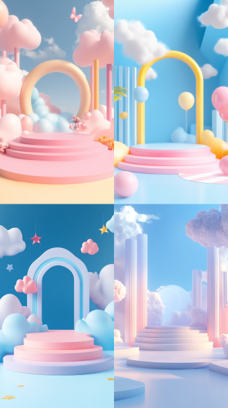 儿童可爱卡通风格电商背景，空展台。简约风格，极简背景，柔和明亮的光线，干净光影，高清分辨率，超细节，3d c4d，blender软件，超高清3d渲染、日记本风格