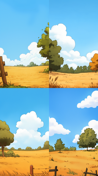 一张儿童卡通风格的手绘插画，有蓝天白云、树木森林、麦田，农作物。色彩鲜亮，有童趣。