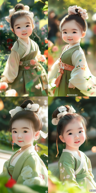 穿着淡绿色纱裙的唐代中国小女孩，夏日服饰，微笑面容，生动角色设计，国画风格，可爱、端庄魅力，古典风格，8k，对角线布局，高对比度，花园内，暖色调，中焦镜头，侧光。 宫崎骏