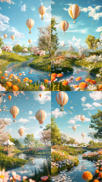 生成一张电商春天的背景图，有天空草地、小河流、花草树木、橙色和白色相间的热气球，小亭子建筑，大自然风景，有倒影，c4d风格，超高清，明亮光线。