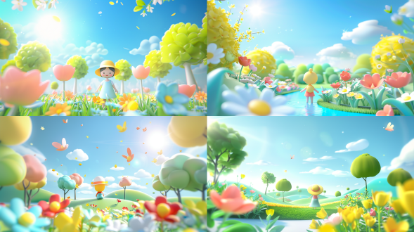 生成一张儿童插画，很多花草树木，自然风光，可爱风格，明亮色彩，明亮光线，超高清