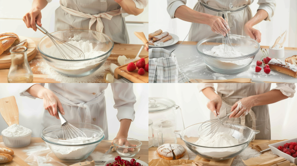 生成一张摄影照片，妈妈在用玻璃碗搅面粉，手上拿着打蛋器，面前一张餐桌摆放着面包和蛋糕，旁边有草莓、树莓、樱桃，柔和明亮的光线，开心欢乐氛围，温馨感，超高清。 摄影纪实 安德森