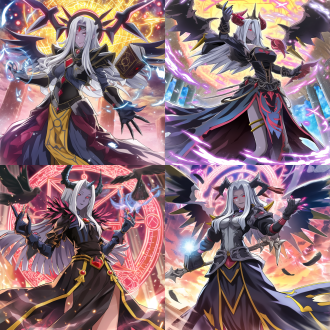 黑魔术少女站在魔法阵中，双手持魔杖，紫发飘舞，冷艳表情，暗色调，哥特风格，逆光，长焦镜头，神秘氛围，魔法元素，庄重。