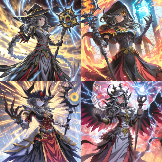 黑魔术少女手持魔杖施法，中心构图，魔幻风格，暗色调场景，长焦镜头，逆光，飘逸动作，魔法元素，冷艳表情，神秘。