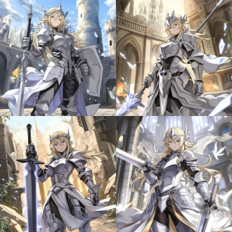 少女着华丽盔甲，正面站姿，中世纪风格，城堡背景，冷色调，长焦镜头，顶光，庄重，金属质感，坚定。