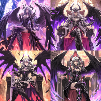 坐在王座上的堕天使女皇，黑色翅膀张开，威严