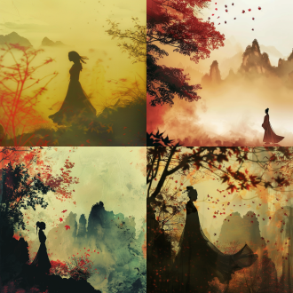女子背影：：0.4，枫树林，山峦，跌宕起伏，云雾缭绕，随风飘落的枫叶，高饱和度，超广角镜头，冷色调，黄渐变红，敦煌飞天，反射，模糊，景深，复古，凄凉，哀伤，泼墨，