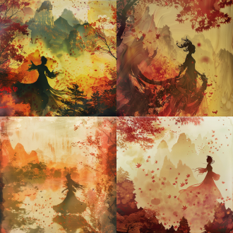 女子背影：：0.4，敦煌飞天图，枫树林，山峦，跌宕起伏，云雾缭绕，随风飘落的枫叶，高饱和度，超广角镜头，冷色调，红渐变黄，反射，模糊，景深，复古，凄凉，哀伤，泼墨，