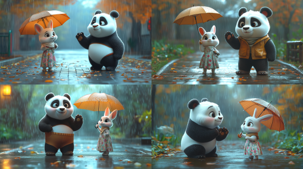 成年熊猫（20 - 30岁）穿休闲服裤举手拦出租撑伞，白兔（20 - 30岁）穿花裙围浅色围巾站旁，动物园门口，冷色调，中景，侧逆光，雨滴。