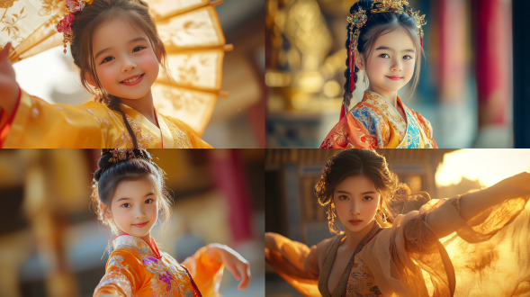 15岁东方清甜可爱女性，着华丽唐朝服饰俏皮动作，半身中距，长焦镜头，4k画质，暖光，宫廷场景，色彩艳丽，活泼。